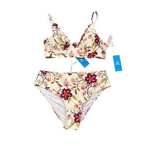Cupshe Cream Floral Underwire Bikini with Burgundy and Pink Accents